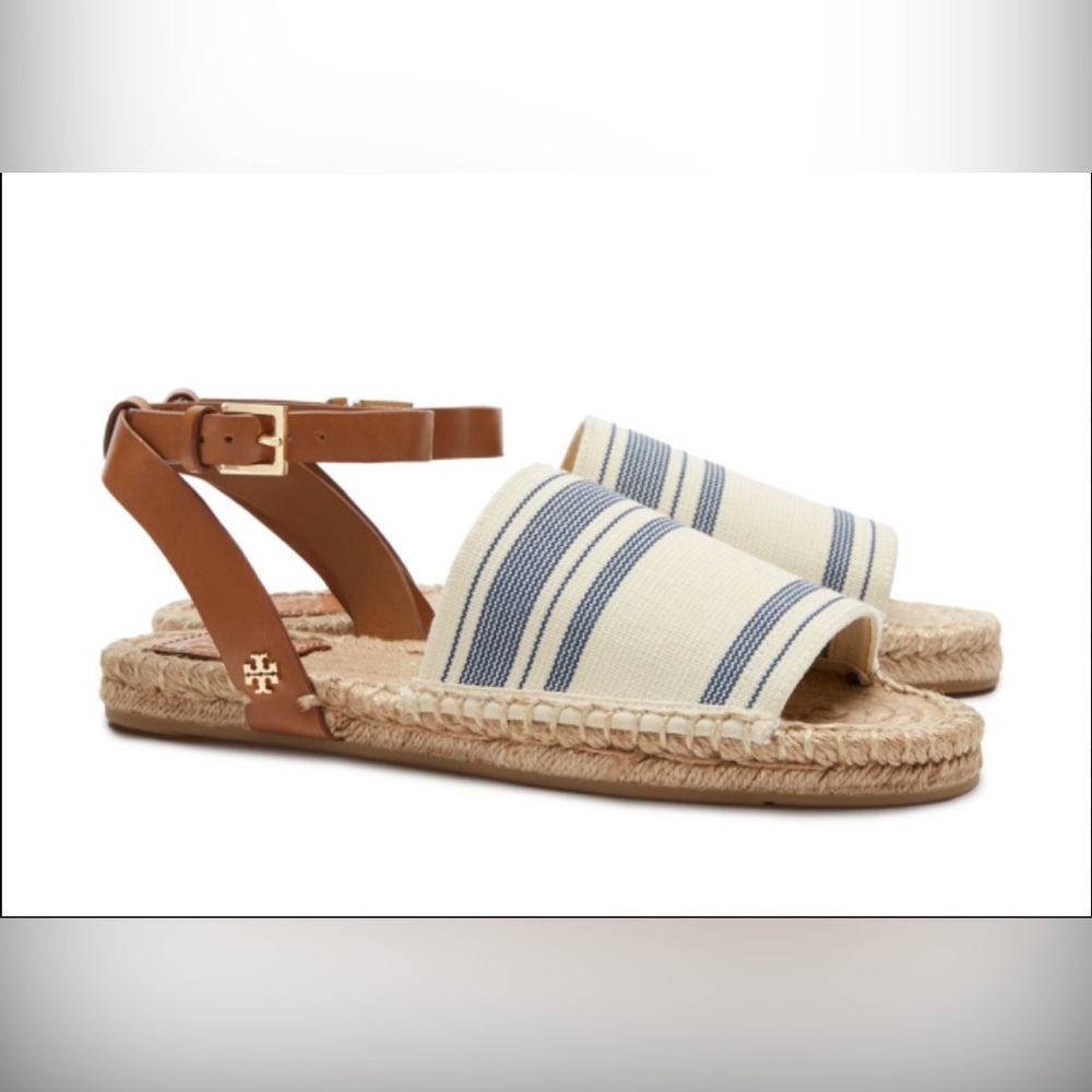 Tory Burch Tan Leather & Navy Striped Canvas Espadrille Sandals